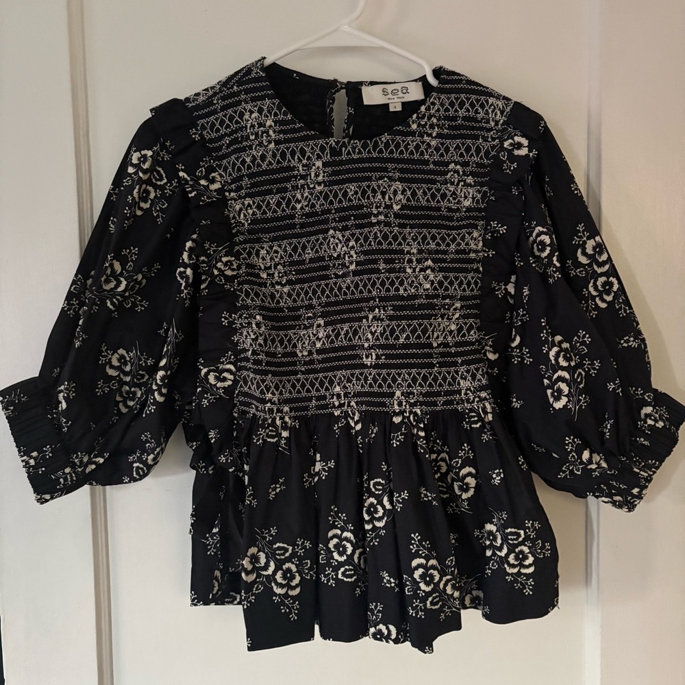 SEA New York Alessia Black & White Floral Print Smocked Puff Sleeve Top Small